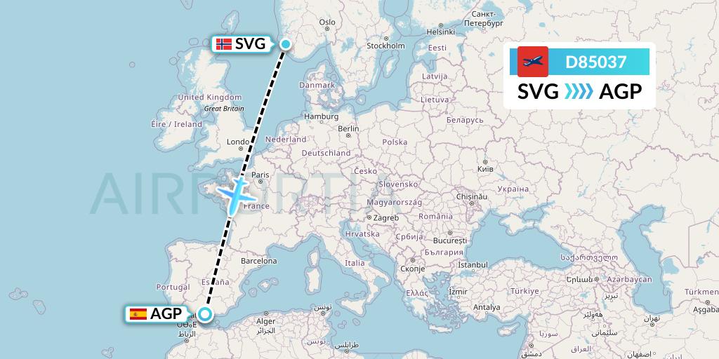 D85037 Norwegian Air International Flight Map: Stavanger to Malaga