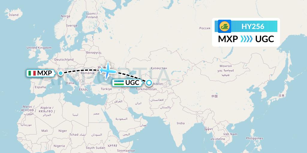 HY256 Uzbekistan Airways Flight Map: Milan to Urgench
