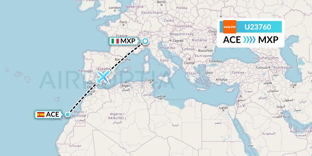 U23760 EasyJet Flight Map: Lanzarote to Milan