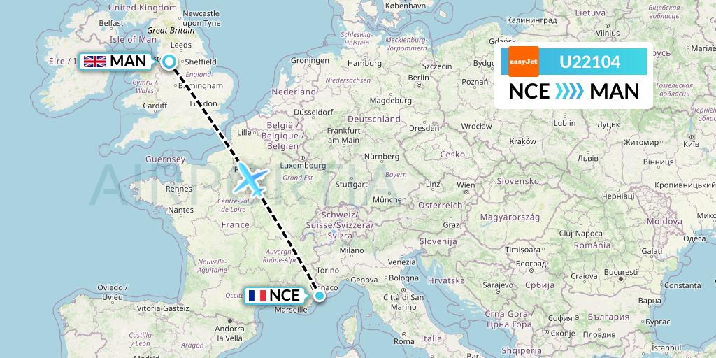 U22104 EasyJet Flight Map: Nice to Manchester