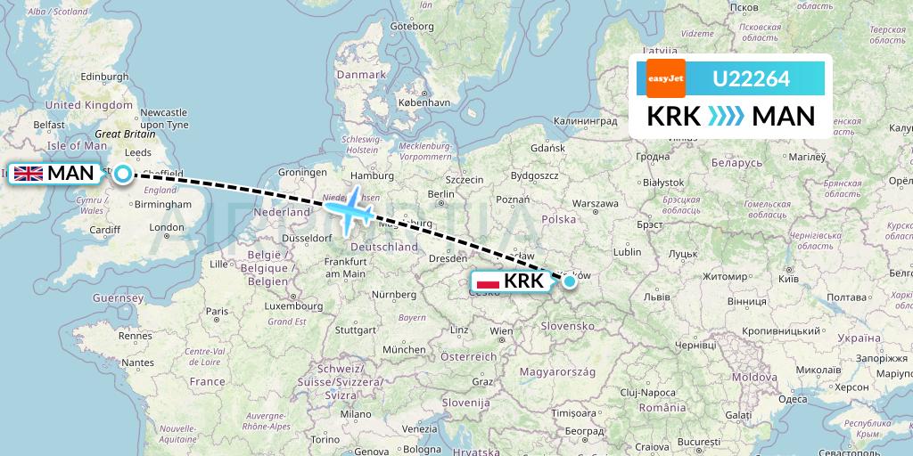U22264 EasyJet Flight Map: Krakow to Manchester
