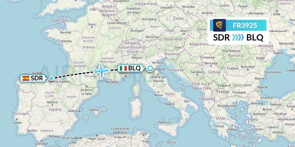 FR3925 Ryanair Flight Map: Santander to Bologna