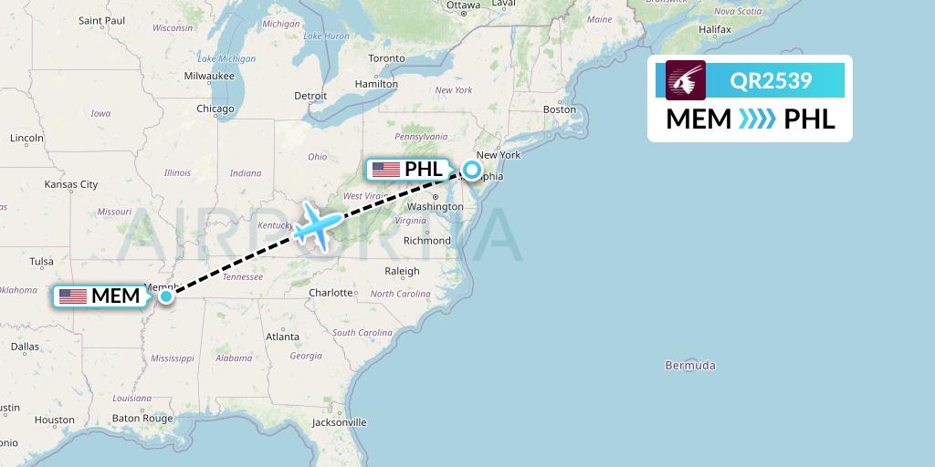 QR2539 Qatar Airways Flight Map: Memphis to Philadelphia