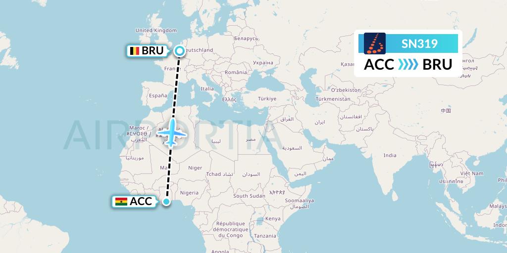 SN319 Brussels Airlines Flight Map: Accra to Brussels