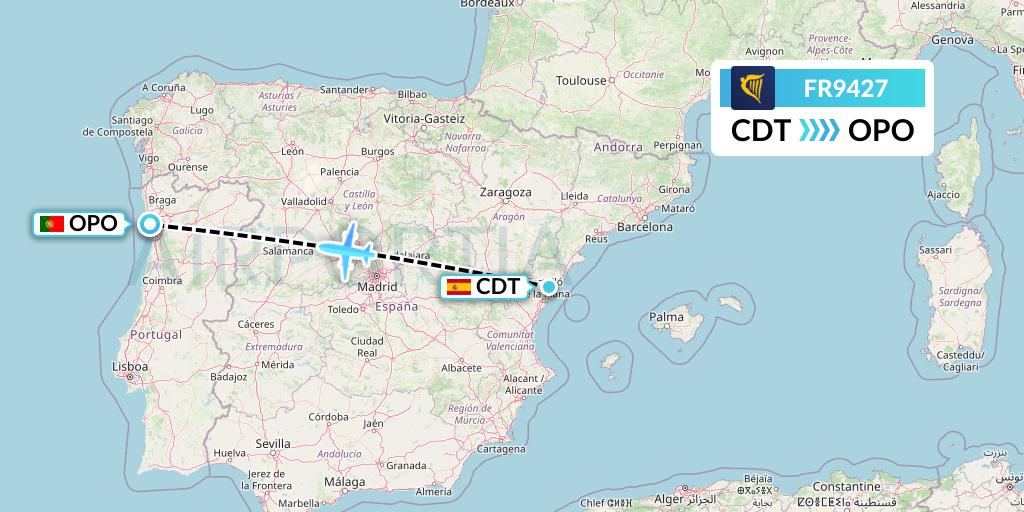 FR9427 Ryanair Flight Map: Castellon de la Plana to Porto