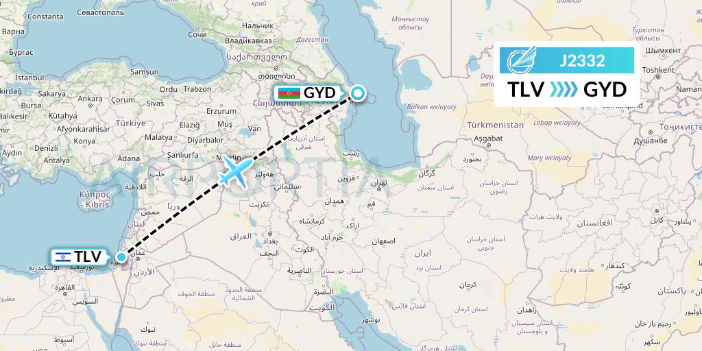 J2332 Azerbaijan Airlines Flight Map: Tel Aviv to Baku