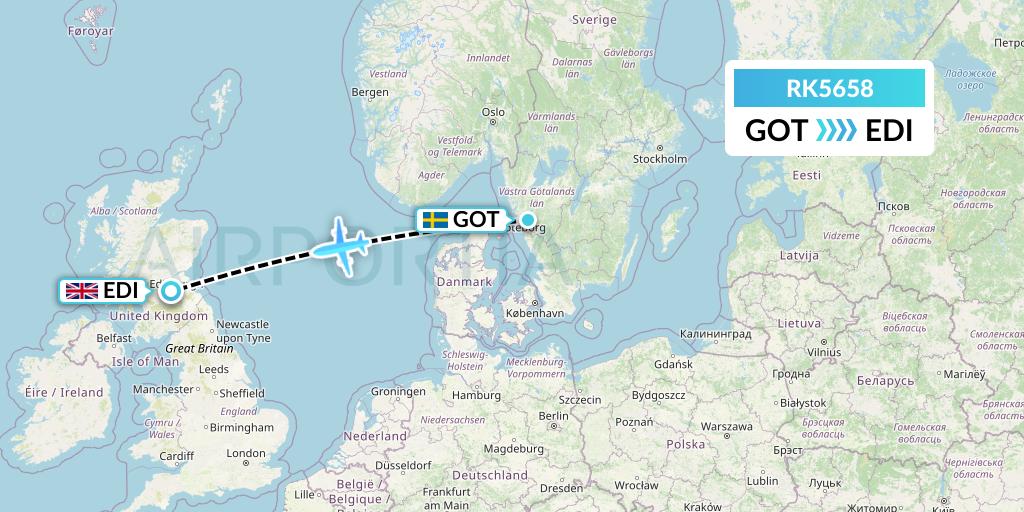 RK5658 Ryanair UK Flight Map: Gothenburg to Edinburgh