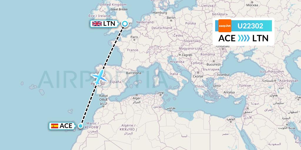 U22302 EasyJet Flight Map: Lanzarote to London