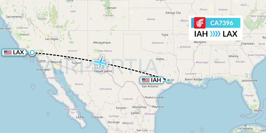 CA7396 Air China Flight Map: Houston to Los Angeles