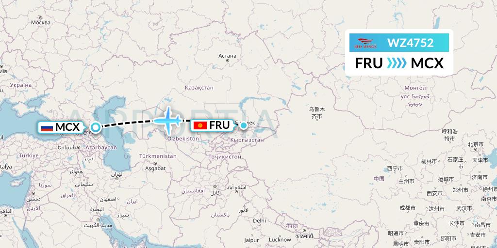 WZ4752 Red Wings Flight Map: Bishkek to Makhachkala