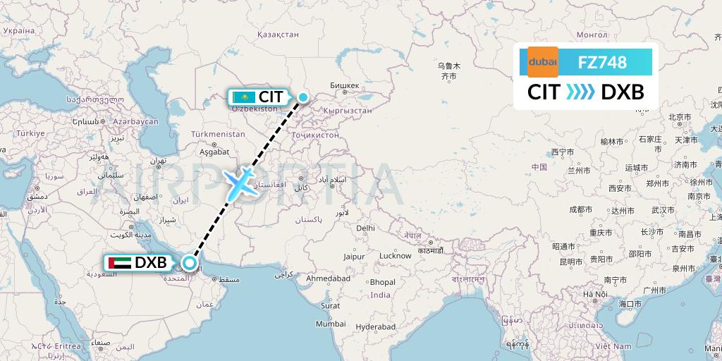 FZ748 FlyDubai Flight Map: Shymkent to Dubai