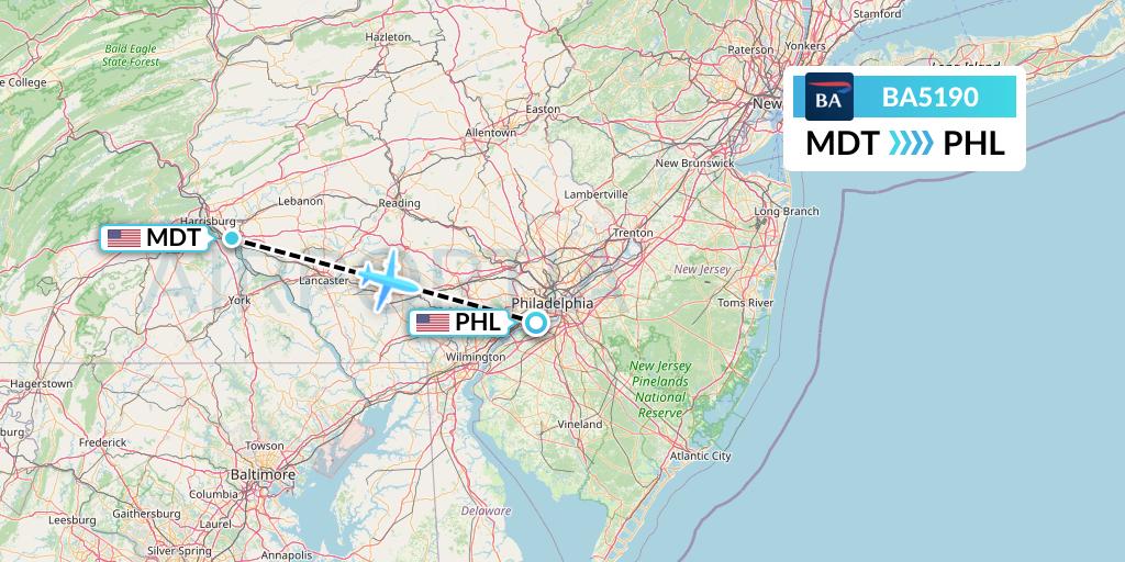 BA5190 British Airways Flight Map: Harrisburg to Philadelphia