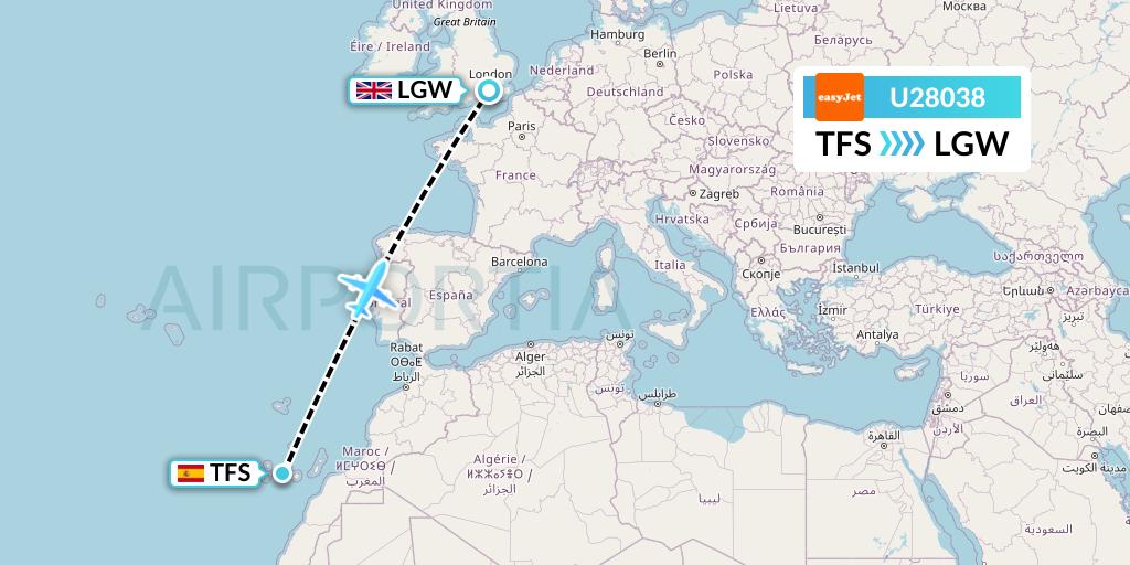 U28038 EasyJet Flight Map: Tenerife to London