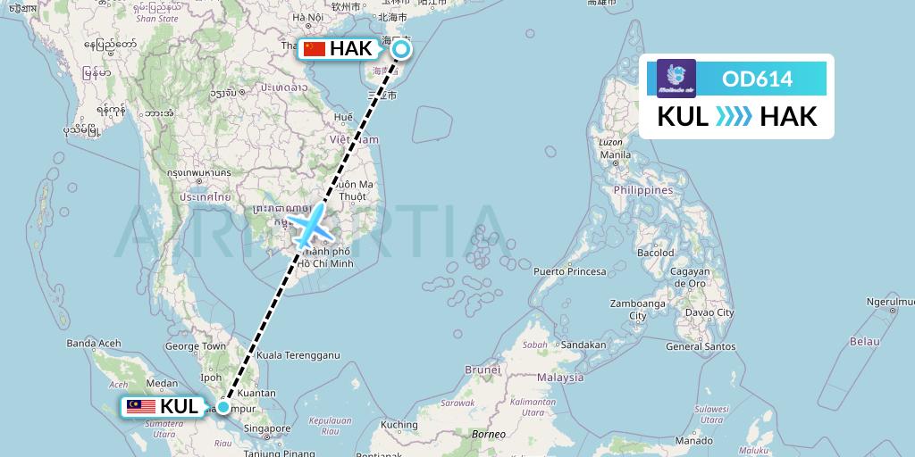 OD614 Batik Air Malaysia Flight Map: Kuala Lumpur to Haikou