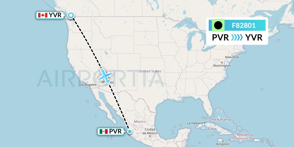F82801 Flair Airlines Flight Map: Puerto Vallarta to Vancouver