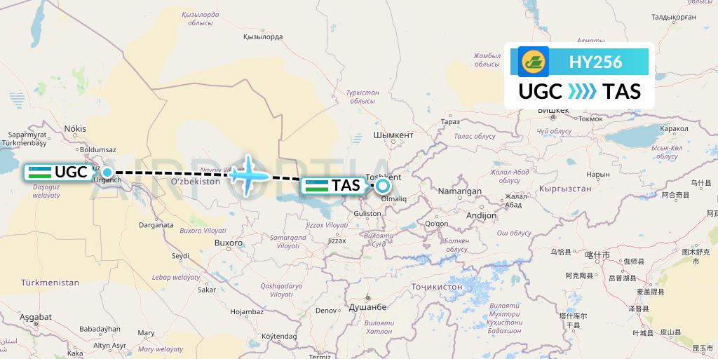 HY256 Uzbekistan Airways Flight Map: Urgench to Tashkent