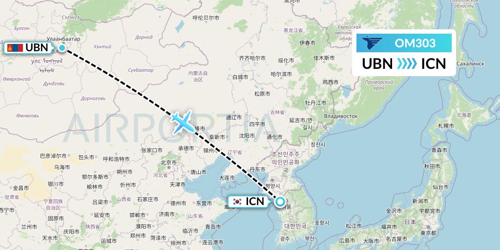 OM303 MIAT Mongolian Airlines Flight Map: Ulan Bator to Seoul
