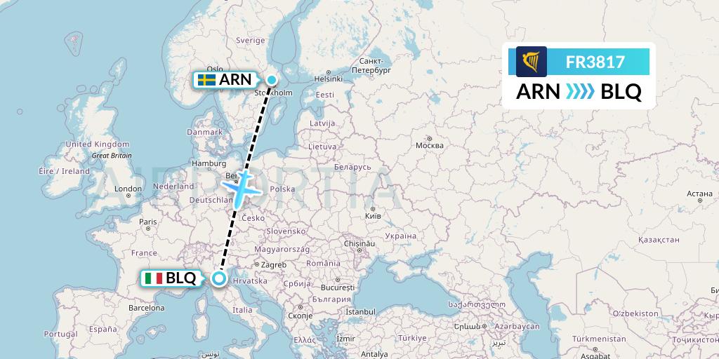 FR3817 Ryanair Flight Map: Stockholm to Bologna