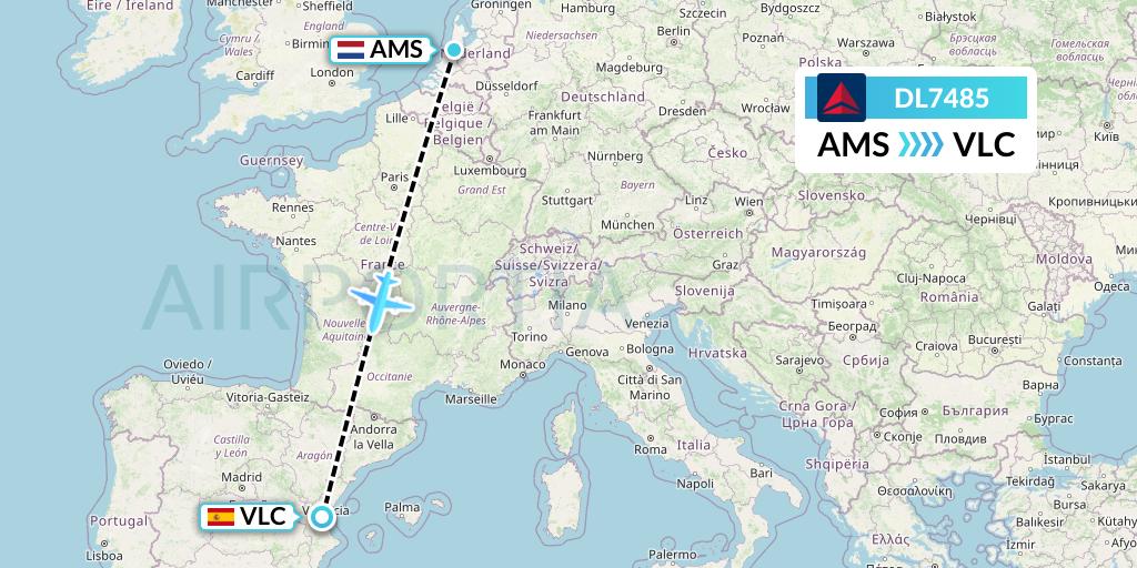 DL7485 Delta Air Lines Flight Map: Amsterdam to Valencia