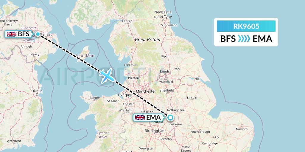 RK9605 Ryanair UK Flight Map: Belfast to East Midlands