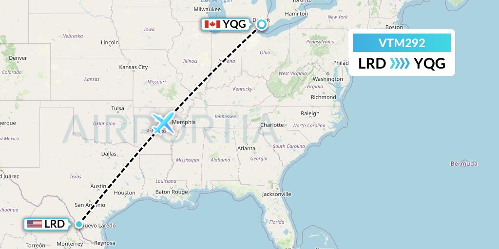 VTM292 Aeronaves TSM Flight Map: Laredo to Windsor