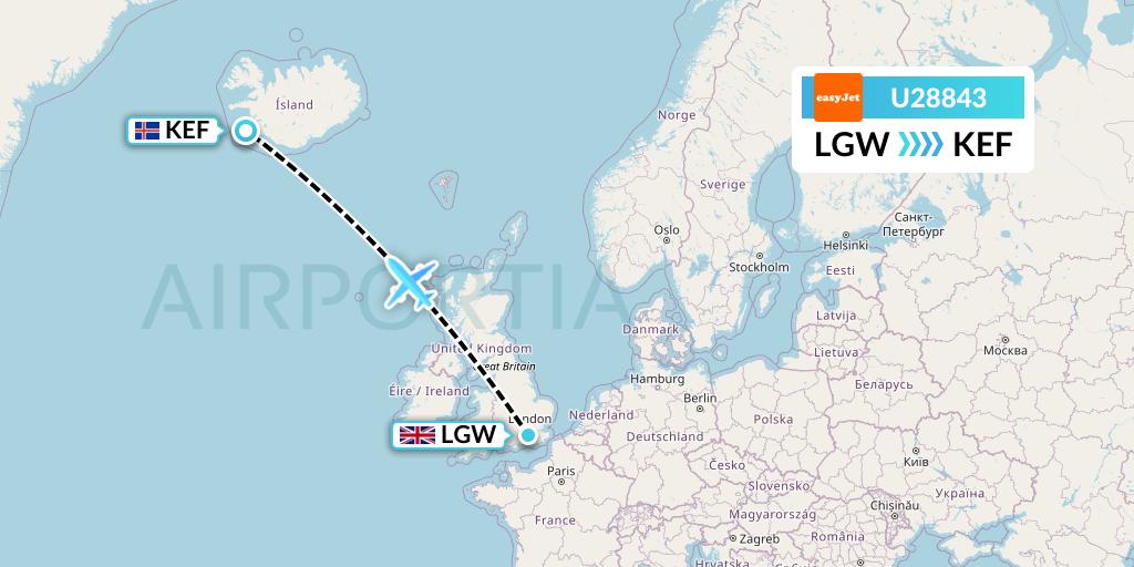 U28843 EasyJet Flight Map: London to Reykjavik