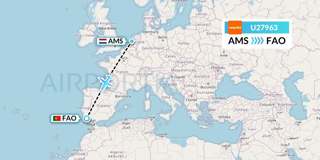 U27963 EasyJet Flight Map: Amsterdam to Faro