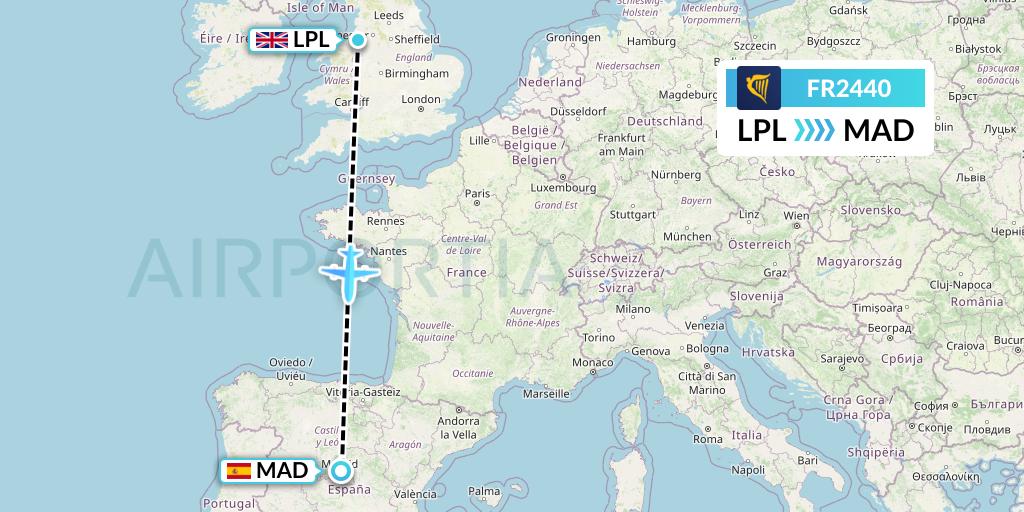 FR2440 Ryanair Flight Map: Liverpool to Madrid