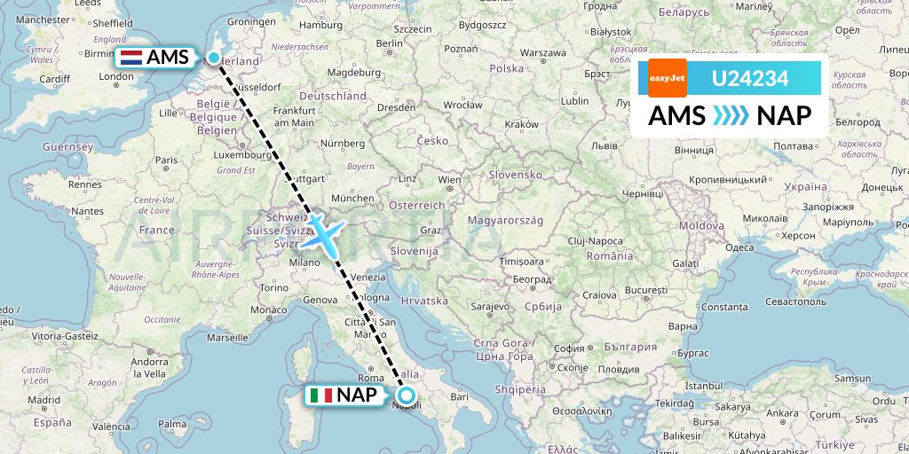 U24234 EasyJet Flight Map: Amsterdam to Naples