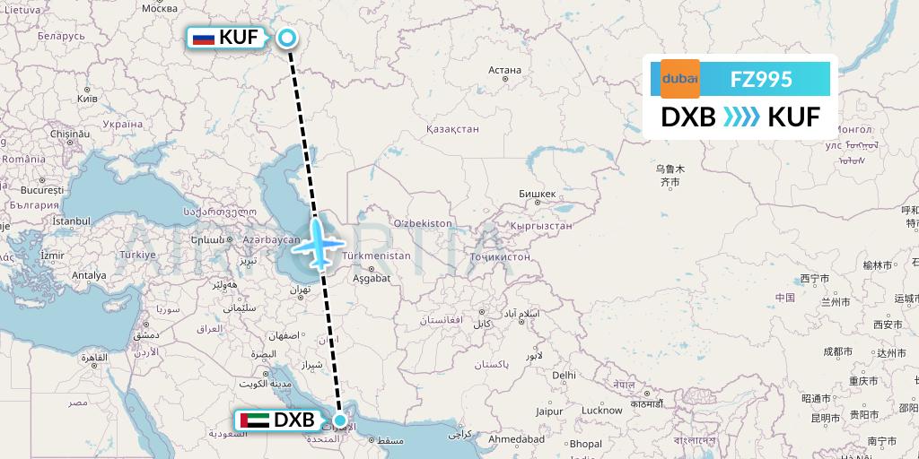 FZ995 FlyDubai Flight Map: Dubai to Samara