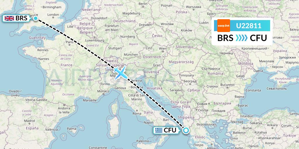 U22811 EasyJet Flight Map: Bristol to Corfu