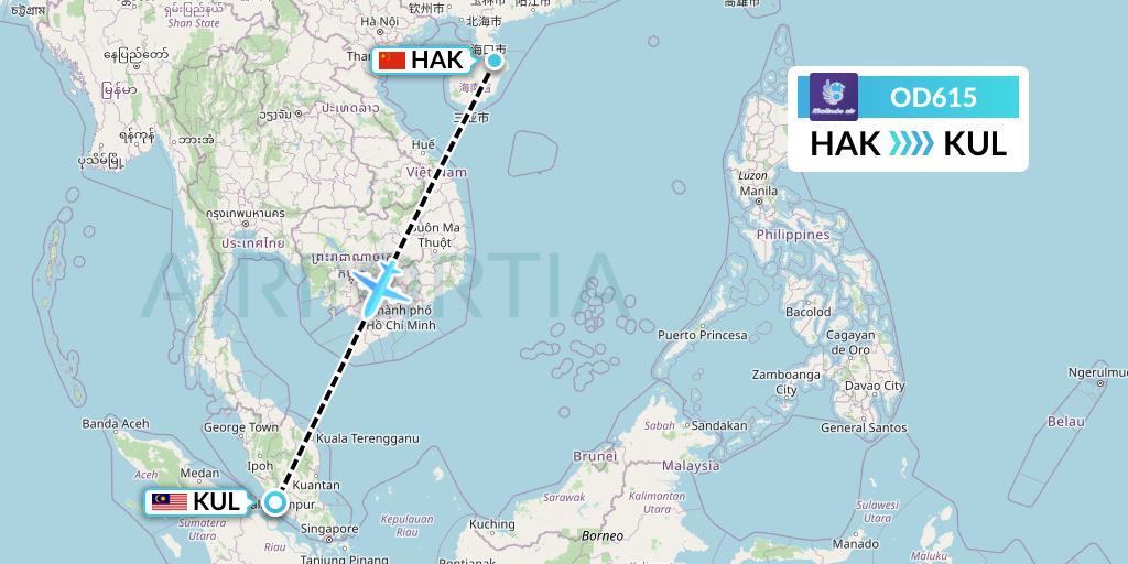 OD615 Batik Air Malaysia Flight Map: Haikou to Kuala Lumpur
