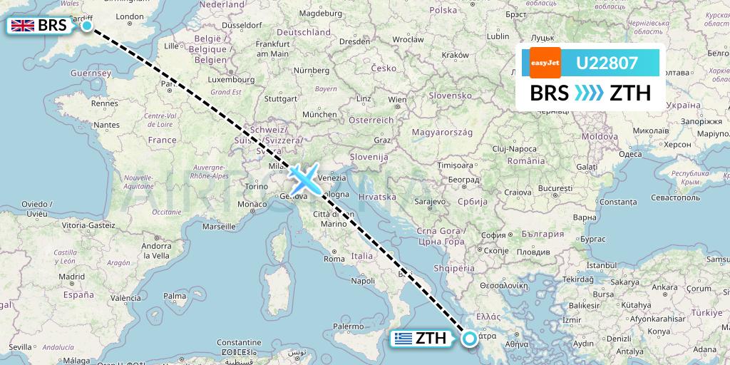 U22807 EasyJet Flight Map: Bristol to Zakynthos