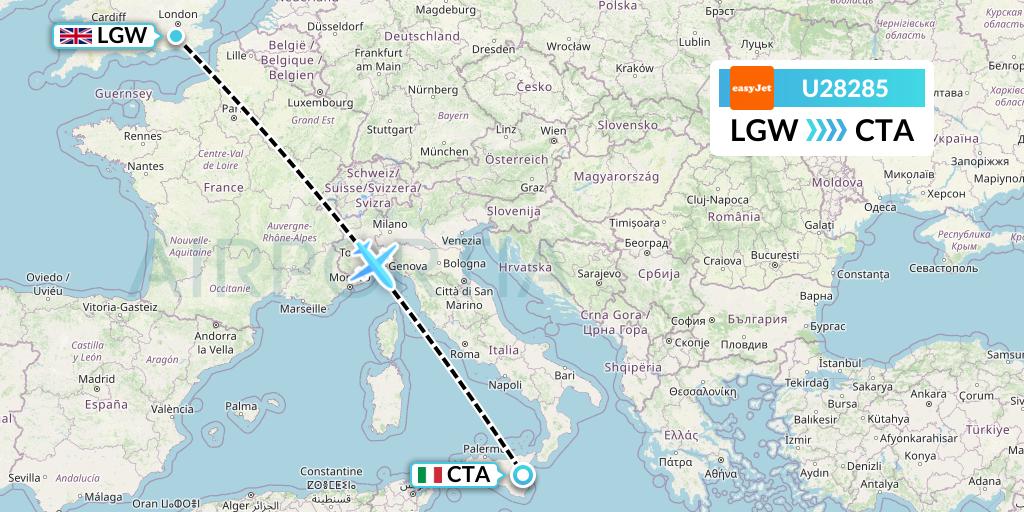 U28285 EasyJet Flight Map: London to Catania