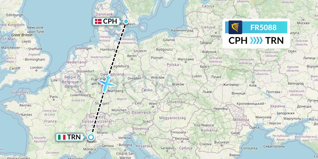 FR5088 Ryanair Flight Map: Copenhagen to Turin