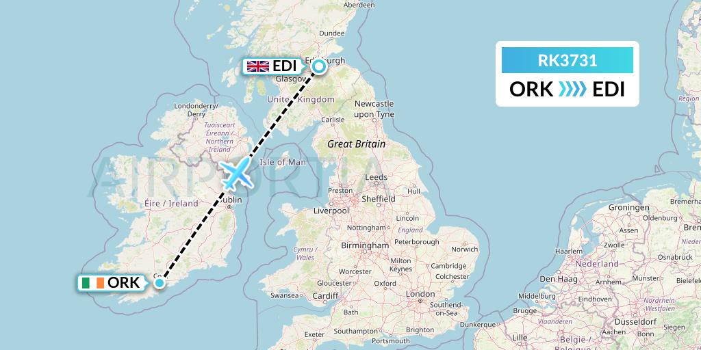 RK3731 Ryanair UK Flight Map: Cork to Edinburgh