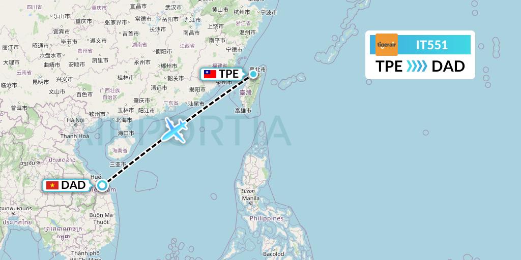 IT551 Tigerair Taiwan Flight Map: Taipei to Da Nang