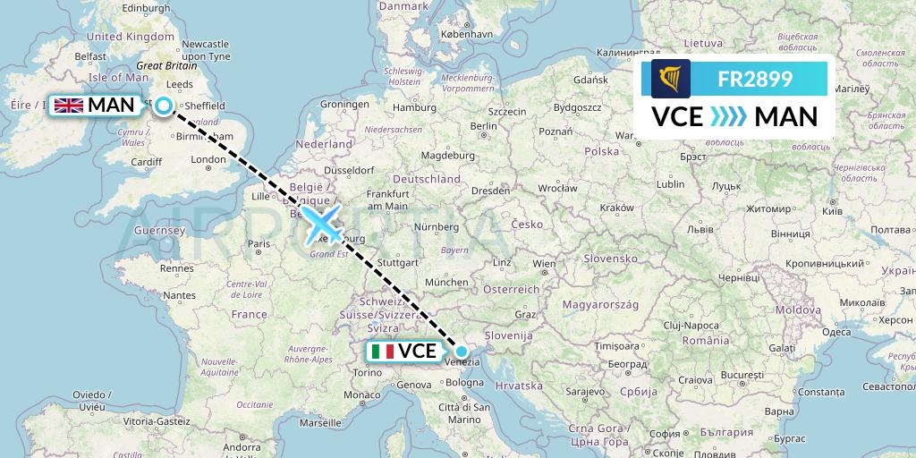FR2899 Ryanair Flight Map: Venice to Manchester