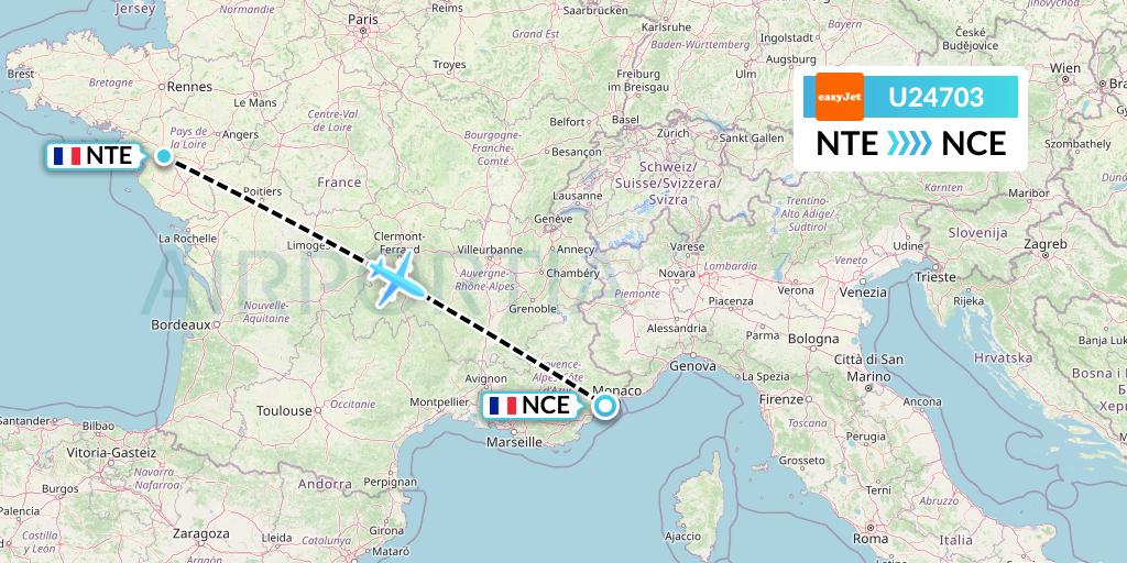 U24703 EasyJet Flight Map: Nantes to Nice