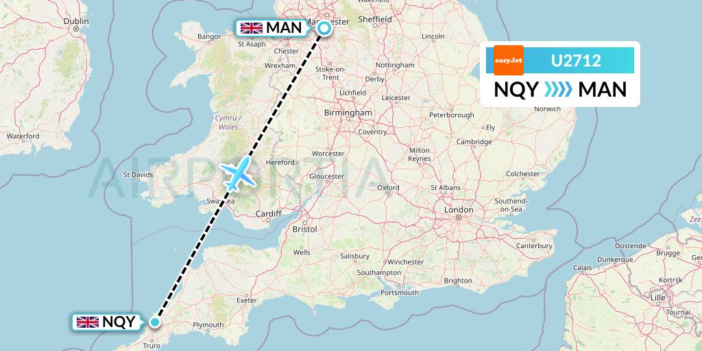 U2712 EasyJet Flight Map: Newquay to Manchester