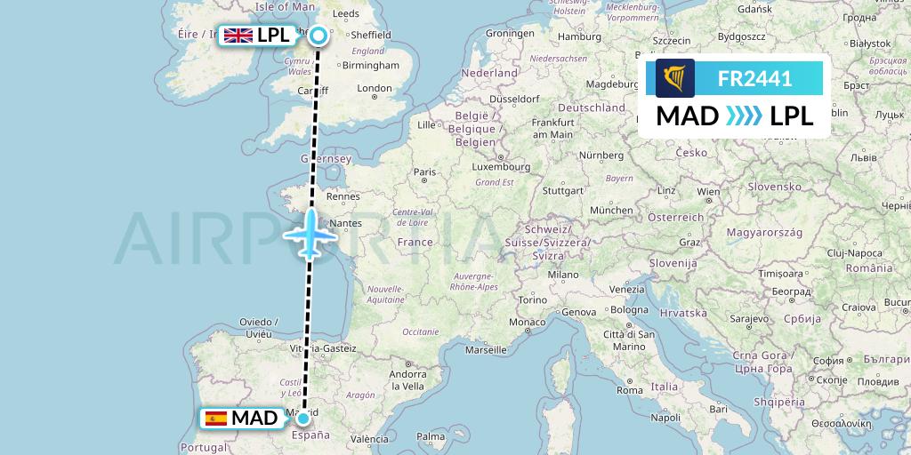 FR2441 Ryanair Flight Map: Madrid to Liverpool