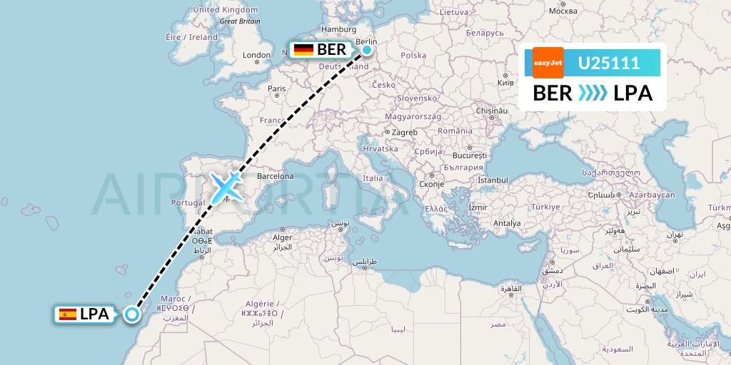 U25111 EasyJet Flight Map: Berlin to Las Palmas