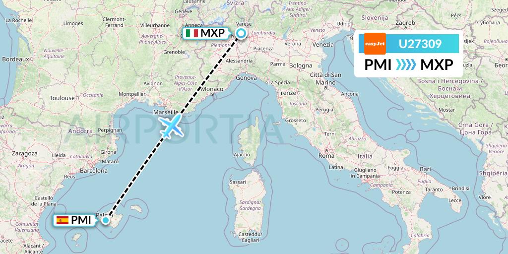 U27309 EasyJet Flight Map: Palma de Mallorca to Milan