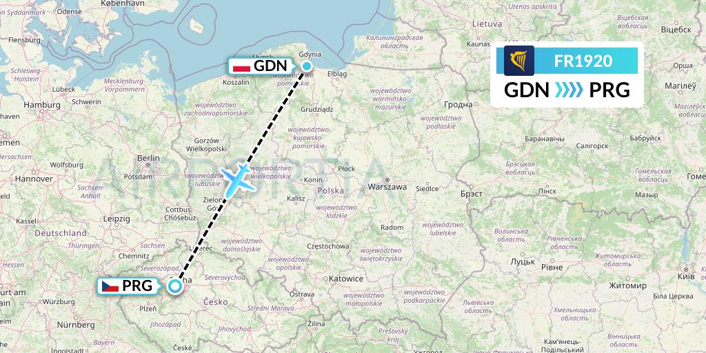 FR1920 Ryanair Flight Map: Gdansk to Prague