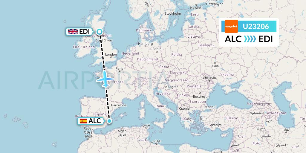 U23206 EasyJet Flight Map: Alicante to Edinburgh