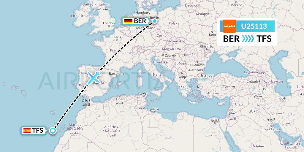 U25113 EasyJet Flight Map: Berlin to Tenerife