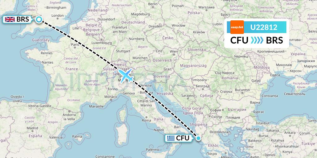 U22812 EasyJet Flight Map: Corfu to Bristol