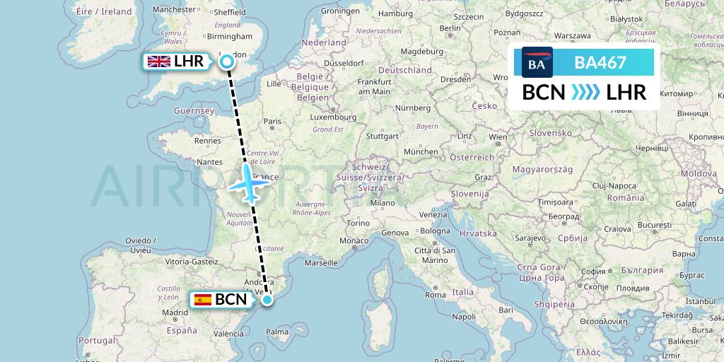 BA467 British Airways Flight Map: Barcelona to London