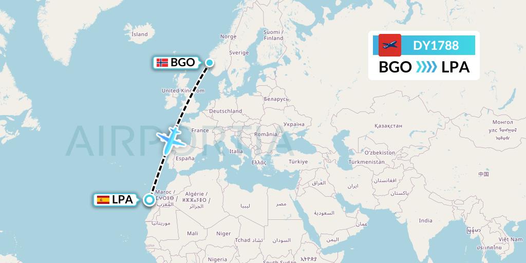 DY1788 Norwegian Flight Map: Bergen to Las Palmas