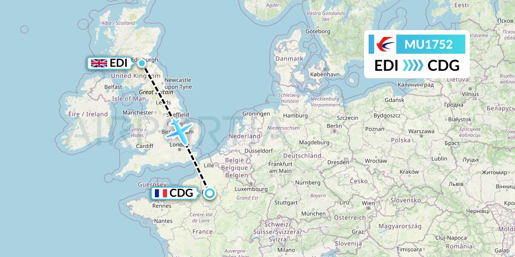 MU1752 China Eastern Airlines Flight Map: Edinburgh to Paris